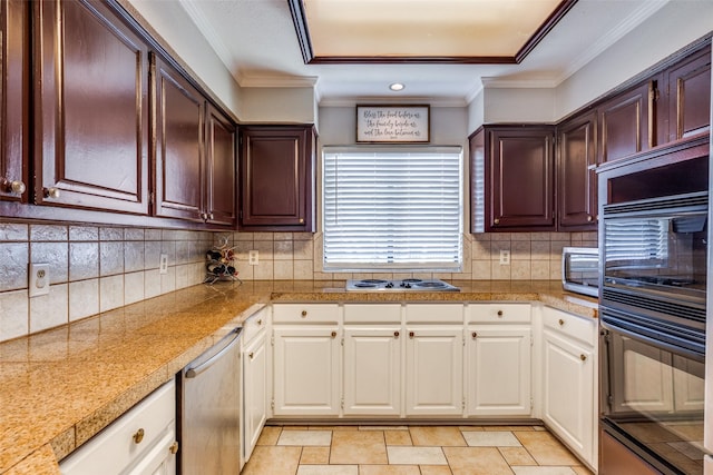 2332 Heatherwoods Way, Carrollton, TX 75007 - kitchen with tile counters, stainless steel appliances, tasteful backsplash, white cabinets, and crown molding