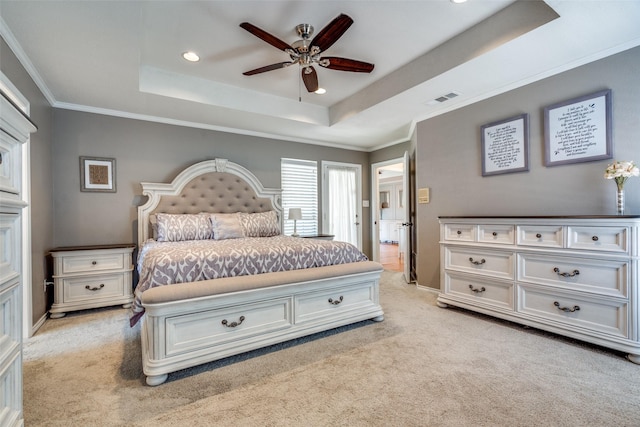 2332 Heatherwoods Way, Carrollton, TX 75007 - bedroom featuring a tray ceiling, light colored carpet, recessed lighting, crown molding, and ceiling fan
