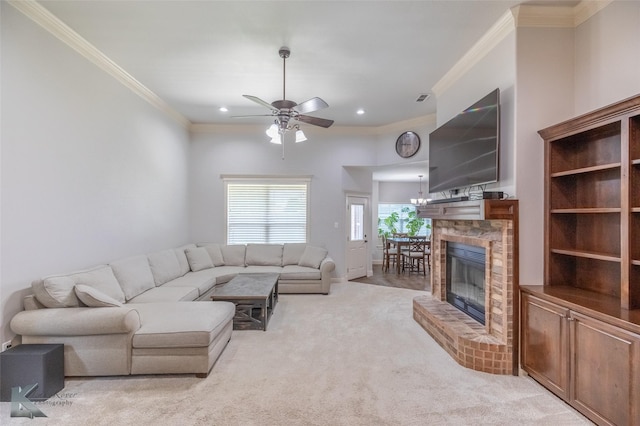 4709 Spring Creek Rd, Abilene, TX 79602 - living room featuring light colored carpet, ceiling fan, ornamental molding, a glass covered fireplace, and recessed lighting