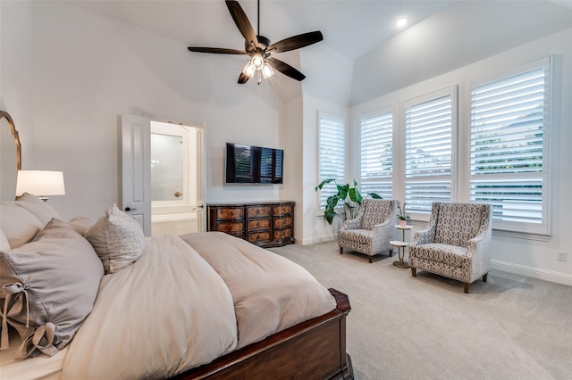 3201 Sunday Silence Ln, Celina, TX 75009 - carpeted bedroom with baseboards, ensuite bathroom, a ceiling fan, and high vaulted ceiling