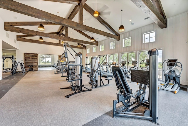 3201 Sunday Silence Ln, Celina, TX 75009 - exercise room with beamed ceiling, high vaulted ceiling, plenty of natural light, and carpet flooring