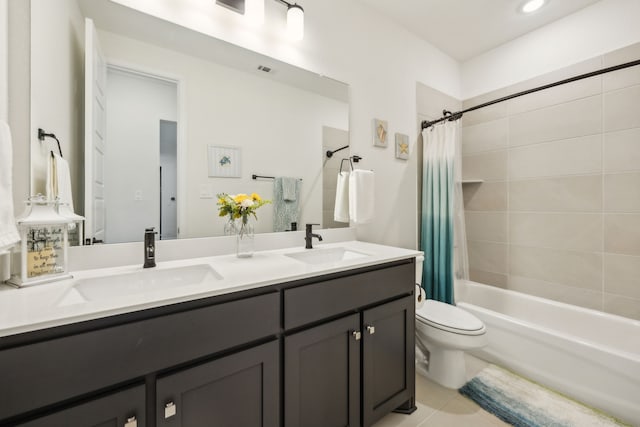 418 Sundance Trl, Sunnyvale, TX 75182 - bathroom with double vanity, shower / bath combination with curtain, tile patterned flooring, and toilet