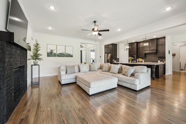 418 Sundance Trl, Sunnyvale, TX 75182 - living room with a ceiling fan, dark wood-type flooring, baseboards, a fireplace, and ornamental molding
