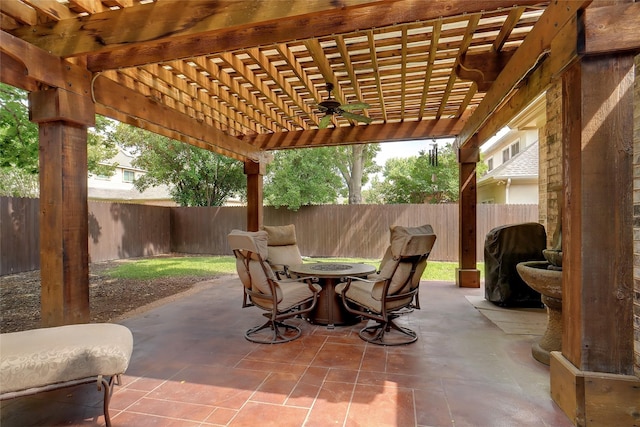 4112 Paddington Ln, Colleyville, TX 76034 - fenced backyard with a pergola, a ceiling fan, and a patio