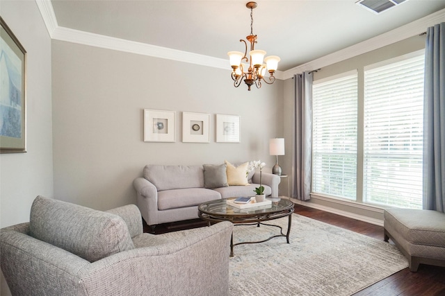 4112 Paddington Ln, Colleyville, TX 76034 - living room featuring a chandelier, crown molding, dark wood-style flooring, and baseboards