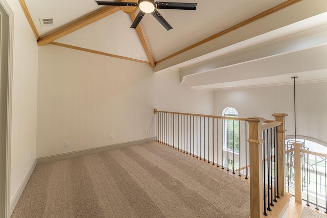 193 Asher Ct, Coppell, TX 75019 - spare room with healthy amount of natural light, carpet, a ceiling fan, beamed ceiling, and high vaulted ceiling