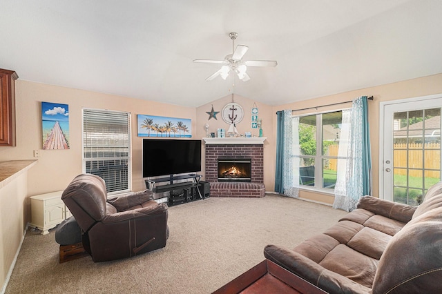 4720 Topaz Ln, Granbury, TX 76049 - living area with carpet, lofted ceiling, a ceiling fan, and a brick fireplace
