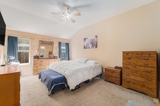 4720 Topaz Ln, Granbury, TX 76049 - bedroom with light carpet, vaulted ceiling, and a ceiling fan