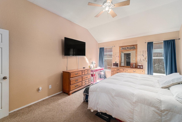4720 Topaz Ln, Granbury, TX 76049 - carpeted bedroom with vaulted ceiling, baseboards, a textured wall, and ceiling fan