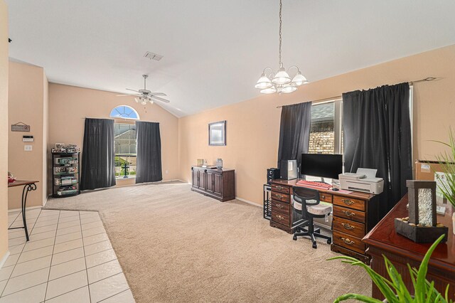 4720 Topaz Ln, Granbury, TX 76049 - carpeted home office with vaulted ceiling, a chandelier, a ceiling fan, and baseboards