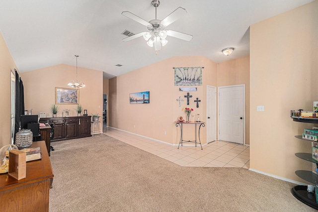 4720 Topaz Ln, Granbury, TX 76049 - living area with light carpet, lofted ceiling, a ceiling fan, light tile patterned floors, and a chandelier