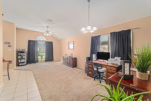 4720 Topaz Ln, Granbury, TX 76049 - office space featuring vaulted ceiling, baseboards, a chandelier, carpet flooring, and a ceiling fan