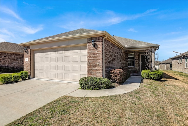 8857 Shore Crest Rd, Frisco, TX 75036 - ranch-style house featuring brick siding, concrete driveway, a front lawn, a garage, and roof with shingles