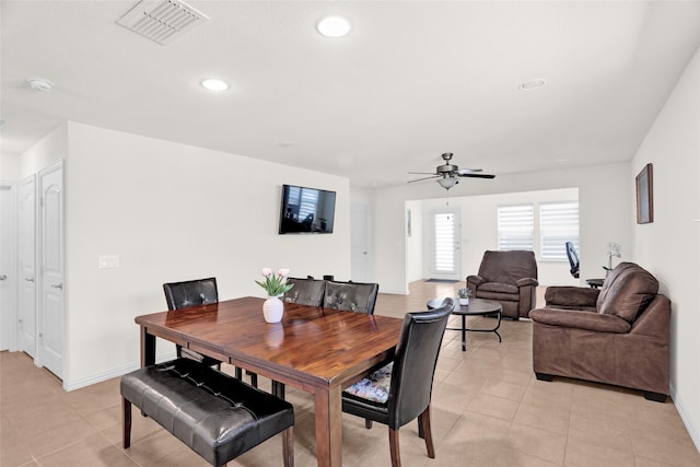 8857 Shore Crest Rd, Frisco, TX 75036 - dining area with light tile patterned floors, ceiling fan, recessed lighting, and baseboards