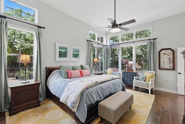 1416 Basil Dr, Flower Mound, TX 75028 - bedroom featuring wood finished floors, crown molding, a towering ceiling, baseboards, and ceiling fan
