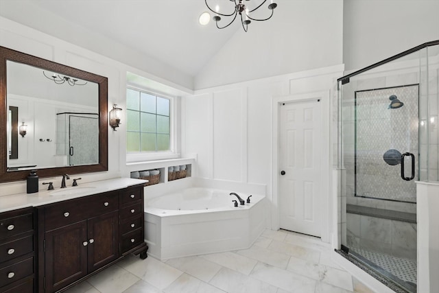 1416 Basil Dr, Flower Mound, TX 75028 - full bathroom featuring vanity, a tub with jets, vaulted ceiling, a stall shower, and a chandelier