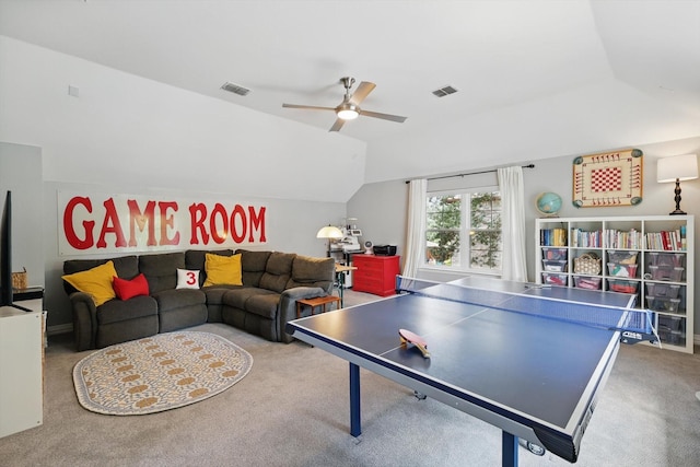 1416 Basil Dr, Flower Mound, TX 75028 - recreation room with carpet, a ceiling fan, and vaulted ceiling