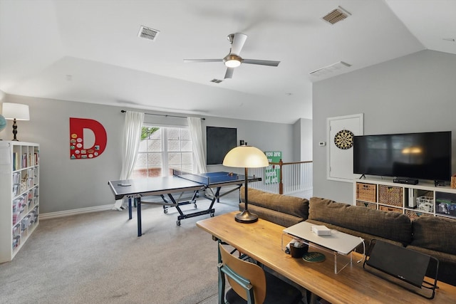 1416 Basil Dr, Flower Mound, TX 75028 - living room featuring lofted ceiling, ceiling fan, carpet, and baseboards
