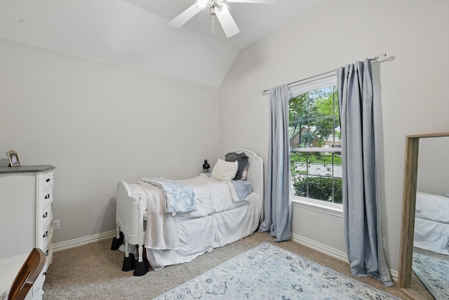 1416 Basil Dr, Flower Mound, TX 75028 - bedroom with multiple windows, light colored carpet, vaulted ceiling, baseboards, and a ceiling fan