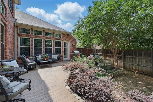 1416 Basil Dr, Flower Mound, TX 75028 - deck featuring an outdoor living space, a fenced backyard, and grilling area