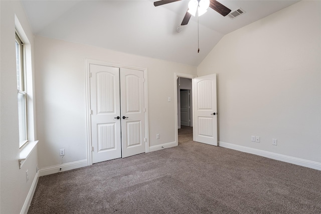 10909 Blake Gdns, Mckinney, TX 75072 - unfurnished bedroom featuring vaulted ceiling, carpet floors, a closet, baseboards, and a ceiling fan