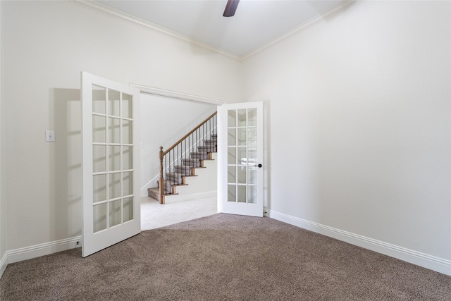 10909 Blake Gdns, Mckinney, TX 75072 - spare room featuring french doors, carpet, ornamental molding, stairs, and a ceiling fan