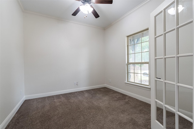 10909 Blake Gdns, Mckinney, TX 75072 - empty room featuring dark carpet, crown molding, a ceiling fan, and baseboards
