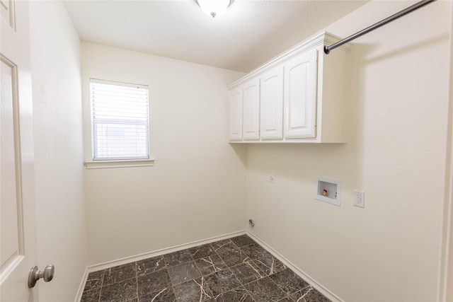 3015 Oak Dr, Rockwall, TX 75032 - laundry area with baseboards, hookup for an electric dryer, cabinet space, washer hookup, and dark marble finish flooring