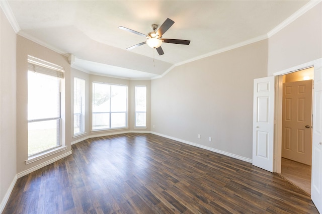 3015 Oak Dr, Rockwall, TX 75032 - spare room featuring a ceiling fan, crown molding, baseboards, and dark wood-style flooring