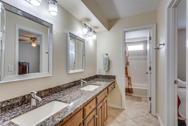 3308 Runabout Ct, Plano, TX 75023 - bathroom with double vanity, tile patterned flooring, shower / bath combo with shower curtain, a ceiling fan, and baseboards
