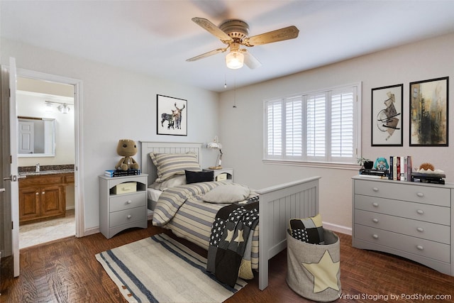 3308 Runabout Ct, Plano, TX 75023 - bedroom with a sink, dark wood-style floors, ensuite bath, a ceiling fan, and baseboards