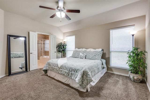 2613 Hillrich Dr, Anna, TX 75409 - carpeted bedroom with vaulted ceiling, baseboards, ensuite bathroom, and ceiling fan