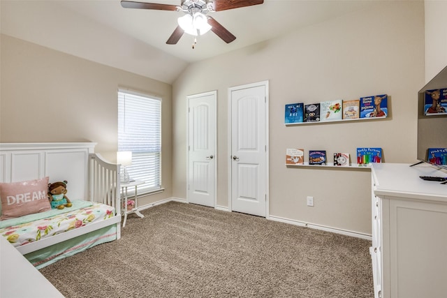 2613 Hillrich Dr, Anna, TX 75409 - bedroom featuring carpet, baseboards, vaulted ceiling, a nursery area, and ceiling fan