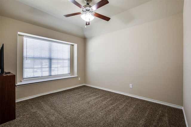 2613 Hillrich Dr, Anna, TX 75409 - empty room featuring dark carpet, a ceiling fan, baseboards, and vaulted ceiling