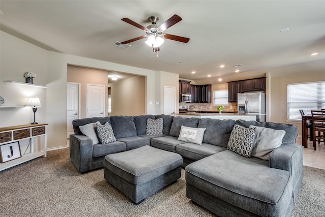 2613 Hillrich Dr, Anna, TX 75409 - living room featuring ceiling fan, recessed lighting, light carpet, and baseboards