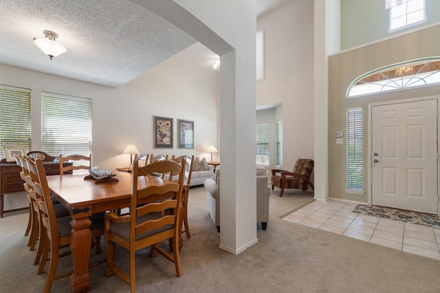 3942 Luke Ln, Carrollton, TX 75007 - dining room featuring light carpet, healthy amount of natural light, light tile patterned floors, a towering ceiling, and a textured ceiling