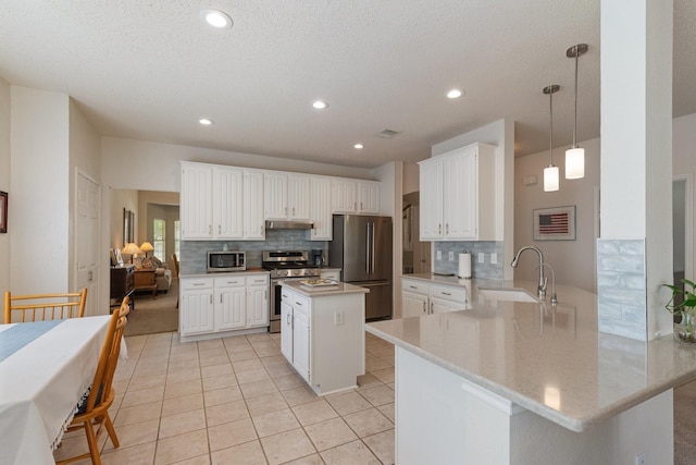 3942 Luke Ln, Carrollton, TX 75007 - kitchen featuring appliances with stainless steel finishes, a sink, under cabinet range hood, tasteful backsplash, and a peninsula