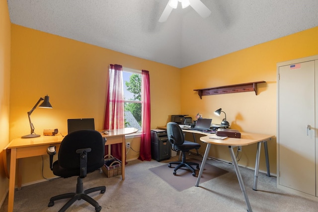 3942 Luke Ln, Carrollton, TX 75007 - carpeted office space with ceiling fan, baseboards, and lofted ceiling