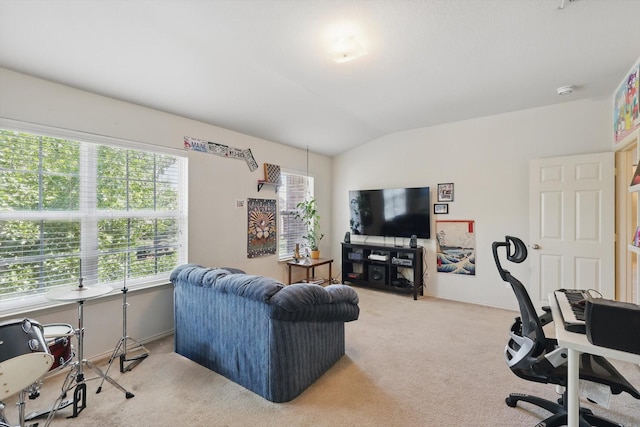 5321 Threshing Dr, Fort Worth, TX 76179 - living room featuring carpet flooring, vaulted ceiling, and an office area