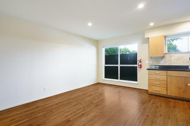 4616 W Lovers Ln Unit 119, Dallas, TX 75209 - kitchen featuring wood finished floors, light brown cabinetry, plenty of natural light, dark countertops, and recessed lighting