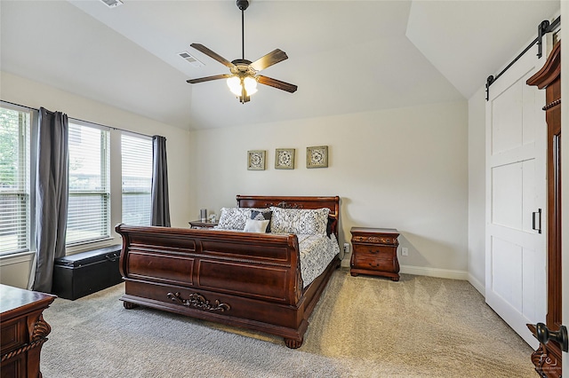 955 Champions Way, Roanoke, TX 76262 - carpeted bedroom with lofted ceiling, a barn door, a ceiling fan, and baseboards