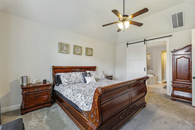 955 Champions Way, Roanoke, TX 76262 - bedroom featuring a barn door, lofted ceiling, carpet flooring, baseboards, and ensuite bath