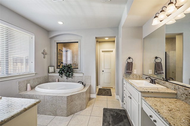 955 Champions Way, Roanoke, TX 76262 - full bath featuring tile patterned flooring, vanity, a bath, and recessed lighting