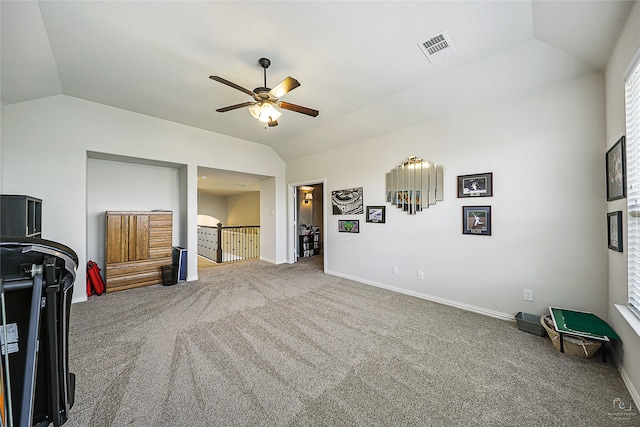 955 Champions Way, Roanoke, TX 76262 - carpeted living room with vaulted ceiling, ceiling fan, and baseboards