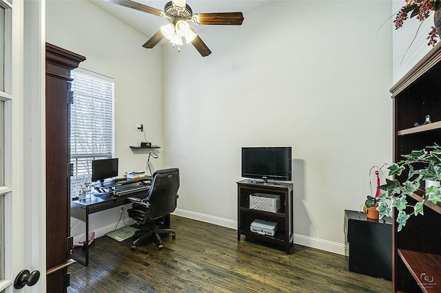 955 Champions Way, Roanoke, TX 76262 - home office with a ceiling fan, wood finished floors, and baseboards