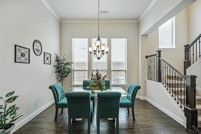 955 Champions Way, Roanoke, TX 76262 - dining room with a chandelier, stairs, crown molding, baseboards, and dark wood finished floors