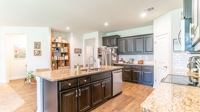 1715 Swale Ln, Granbury, TX 76049 - kitchen with a sink, stainless steel appliances, light wood-style floors, tasteful backsplash, and a kitchen island with sink