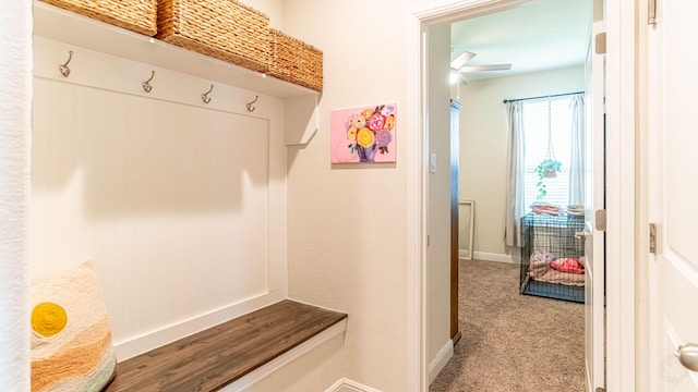 1715 Swale Ln, Granbury, TX 76049 - mudroom with baseboards, carpet floors, and ceiling fan