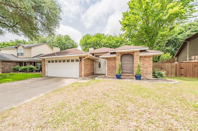 5622 Polo Club Dr, Arlington, TX 76017 - view of front of home with an attached garage, brick siding, concrete driveway, a chimney, and roof with shingles