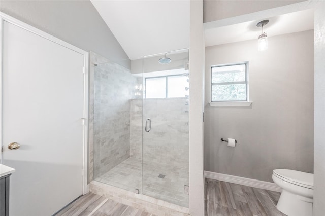5622 Polo Club Dr, Arlington, TX 76017 - bathroom featuring toilet, wood finished floors, a stall shower, lofted ceiling, and vanity